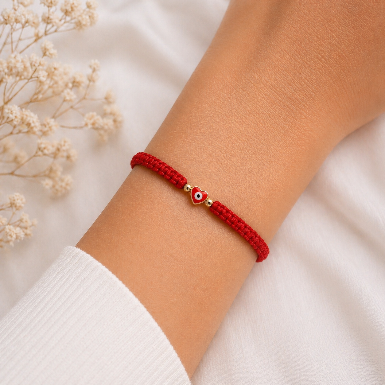 PULSERA OJO TURCO CORAZÓN ROJO TEJIDA